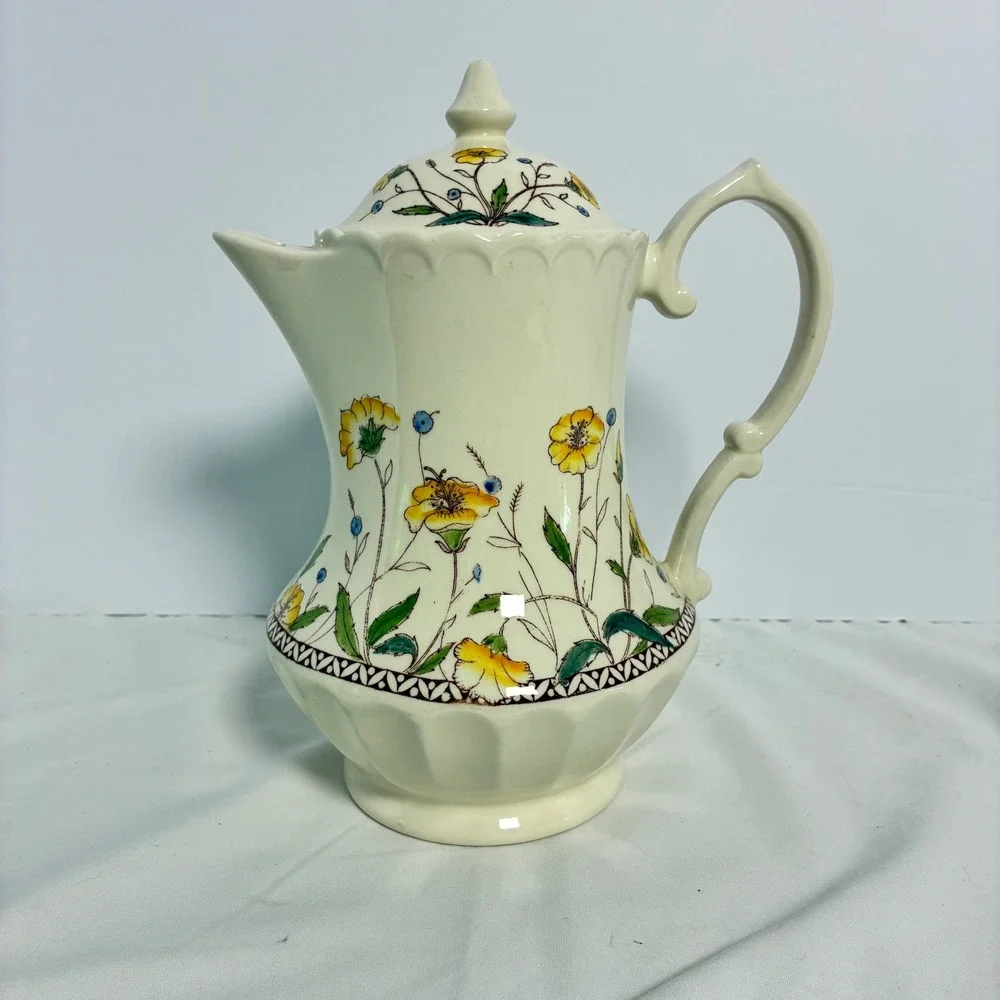 Vtg Vernon Kilns Coffee Pot Hibiscus Pattern Floral Cottage Luxury